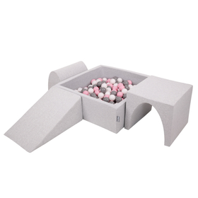 KiddyMoon Foam Playground for Kids with Square Ballpit ( ∅ 7cm/2.75In) Soft Obstacles Course and Ball Pool, Certified Made In The EU, lightgrey:white/grey/powderpink, Ballpit (200 Balls) + Version 2