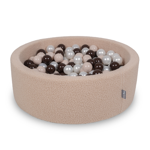 KiddyMoon Ball Pit for Baby with Teddy Plush, Large 7 cm Balls for a Fuller Ball Pit, From 8 Months, Removable Cover, Beige: Pastel Beige/Brown/Pearl, 90 x 30 cm / 300 Balls
