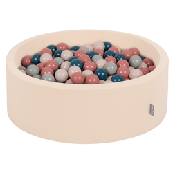 KiddyMoon Foam Ball Pit with Balls for Babies and Toddlers, Soft Sensory Play, Durable Removable Cover, Safe, beige: dark turquoise/pastel beige/green-grey/salmon, 90 x 30 cm / 200 Balls