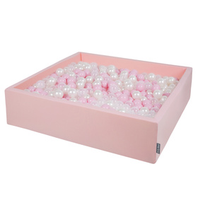 KiddyMoon Soft Ball Pit Square  ∅ 7Cm / 2.75In For Kids, Foam Ball Pool Baby Playballs Children, Made In The EU, pink:powder pink-pearl-transparent, 120x30cm/300 balls