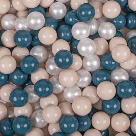 KiddyMoon Soft Plastic Play Balls ∅ 7cm/2.75in Multi-colour Made in EU, dark turquoise/pastel beige/pearl, 50 Balls/7cm-2.75in