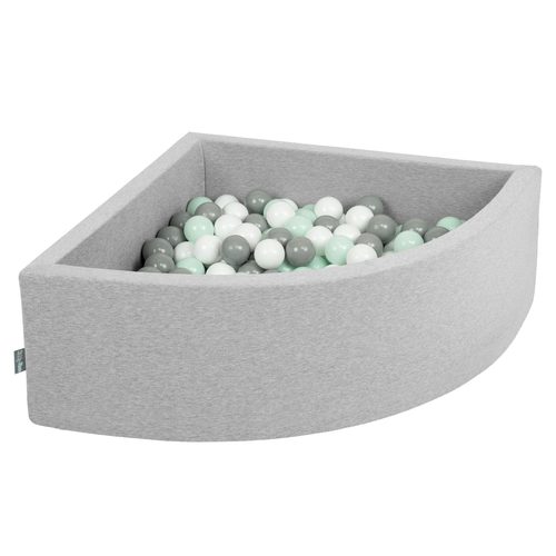 KiddyMoon Soft Ball Pit Quarter Angular ∅ 7cm / 2.75In for Kids, Foam Ball Pool Baby Playballs, Made In The EU, light grey:white/grey/mint, 90x30cm/300 balls