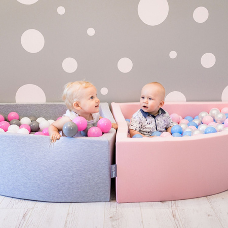 KiddyMoon Soft Ball Pit Quarter Angular ∅ 7cm / 2.75In for Kids, Foam Ball Pool Baby Playballs, Made In The EU, light grey:grey/white/pink, 90x30cm/200 balls