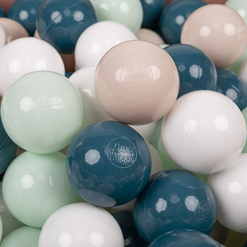 KiddyMoon Soft Plastic Play Balls ∅ 7cm/2.75in Multi-colour Made in EU, dark turquoise/pastel beige/white/mint, 50 Balls/7cm-2.75in