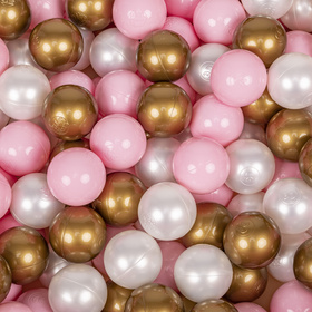 KiddyMoon Baby Foam Ball Pit with Balls ∅ 7cm / 2.75in Made in EU, dark grey:powder pink/pearl/gold, 90x30cm/300 balls