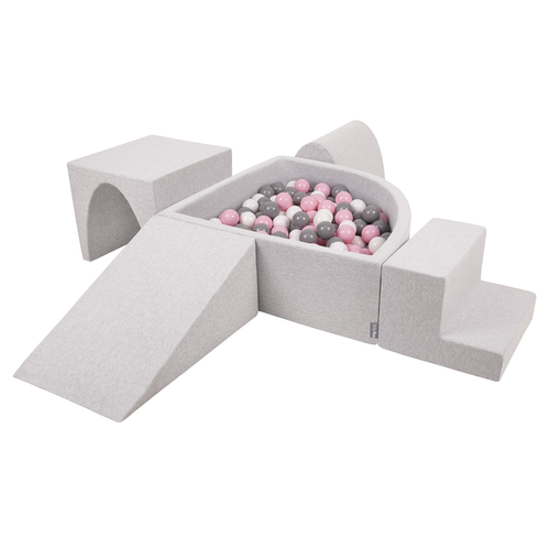 KiddyMoon Foam Playground for Kids with Quarter Angular Ballpit and Balls, lightgrey:white/grey/powderpink, Ballpit (200 Balls) + Version 3