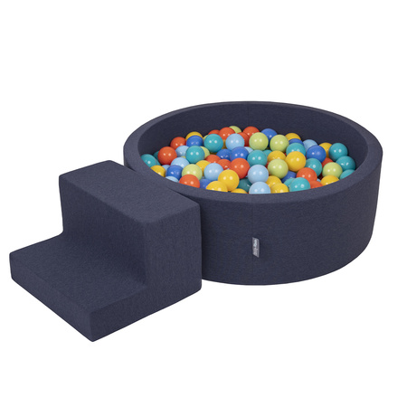 KiddyMoon Foam Playground for Kids with Round Ballpit (200 Balls ∅ 7cm/2.75In) Soft Obstacles Course and Ball Pool, Certified Made In The EU, darkblue:lgreen/orange/turquoise/blue/bblue/yellow, Ballpit (100 Balls) + Steps