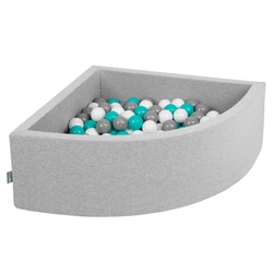 KiddyMoon Soft Ball Pit Quarter Angular ∅ 7cm / 2.75In for Kids, Foam Ball Pool Baby Playballs, Made In The EU, light grey:grey/white/turquoise, 90x30cm/200 balls