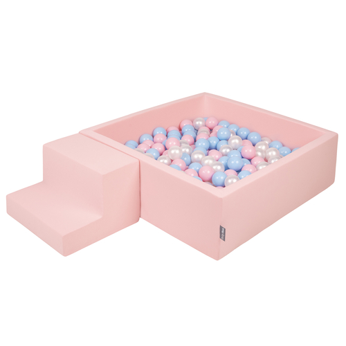 KiddyMoon Foam Playground for Kids with Square Ballpit ( ∅ 7cm/2.75In) Soft Obstacles Course and Ball Pool, Certified Made In The EU, pink:babyblue/powder pink/pearl, Ballpit (100 Balls) + Steps