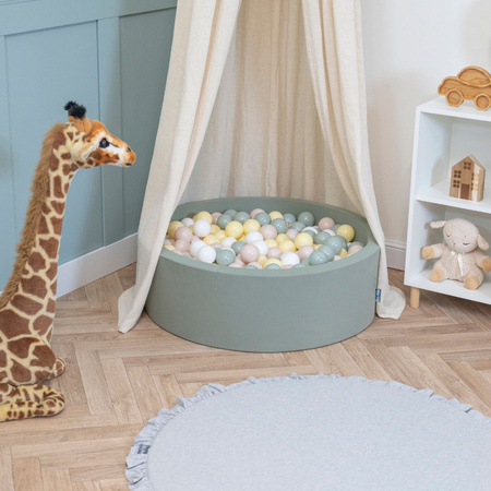 KiddyMoon Baby Foam Ball Pit with Balls ∅ 7cm / 2.75in, sage: pastel beige/green-grey/pastel yellow/white, 90x30cm/300 balls