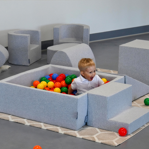 KiddyMoon Foam Playground for Kids with Square Ballpit ( ∅ 7cm/2.75In) Soft Obstacles Course and Ball Pool, Certified Made In The EU, lightgrey:yellow/green/blue/red/orange, Ballpit (100 Balls) + Steps
