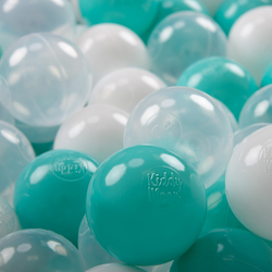 KiddyMoon Soft Plastic Play Balls ∅ 7cm/2.75in Multi-colour Made in EU, light turquoise/white/transparent, 100 Balls/7cm-2.75in