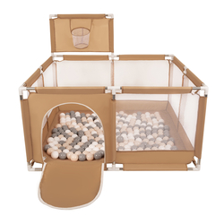 square play pen filled with plastic balls basketball, beige:pastel beige/gray/white, 100 balls