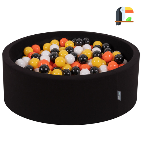 KiddyMoon Baby Foam Ball Pit with Balls ∅ 7cm / 2.75in Made in EU, Toucan: black/white/orange/yellow, 90x30cm/200 balls