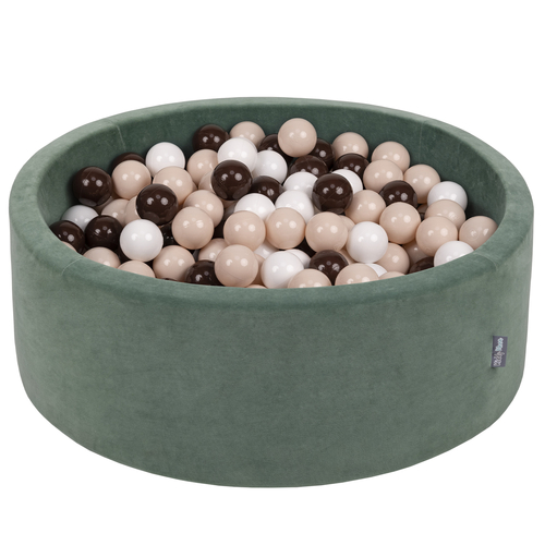 KiddyMoon Soft Ball Pit Round ∅ 7cm / 2.75In for Kids, Foam Velvet Ball Pool Baby Playballs, Made In The EU, forest green:pastel beige/brown/white, 90 x 30 cm / 300 Balls