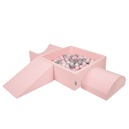 KiddyMoon Foam Playground for Kids with Square Ballpit ( ∅ 7cm/2.75In) Soft Obstacles Course and Ball Pool, Certified Made In The EU, pink:pearl/grey/transparent/powder pink, Ballpit (200 Balls) + Version 4