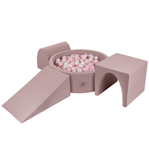 KiddyMoon Foam Playground for Kids with Round Ball pit (Balls ∅ 7cm/2.75In) Soft Obstacles Course and Ball Pool, Made In EU, heather: pastel beige/powder pink/pearl, Ballpit (300 Balls) + Version 2