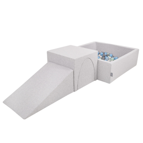 KiddyMoon Foam Playground for Kids with Square Ballpit ( ∅ 7cm/2.75In) Soft Obstacles Course and Ball Pool, Certified Made In The EU, lightgrey:pearl/grey/transparent/babyblue/mint, Ballpit (200 Balls) + Version 2
