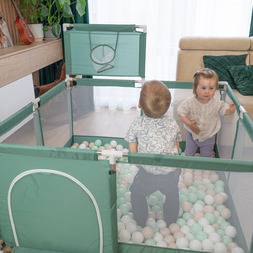 square play pen filled with plastic balls basketball, beige:pastel beige/gray/white, 100 balls