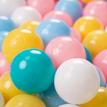 KiddyMoon Soft Plastic Play Balls ∅ 6cm / 2.36 Multi Colour Made in EU, white/yellow/baby blue/light pink/turquoise, 100 Balls/6cm-2.36in