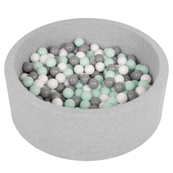 Soft Ball Pit Pool Round 90x30cm for Baby Toddler 200/300 Balls Foam, light grey:white/grey/mint, 90x30cm/200 balls