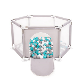 hexagon 6 side play pen with plastic balls, Grey:grey/white/turquoise, 200 balls