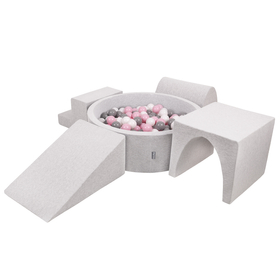 KiddyMoon Foam Playground for Kids with Round Ballpit ( ∅ 7cm/2.75In) Soft Obstacles Course and Ball Pool, Certified Made In The EU, lightgrey:white/grey/powderpink, Ballpit (300 Balls) + Version 3