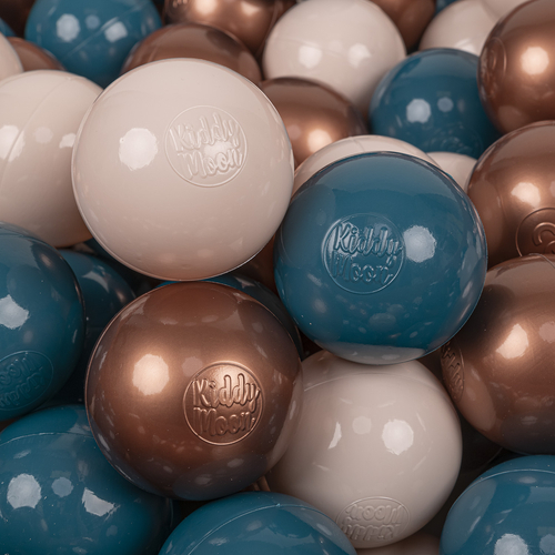 KiddyMoon Soft Plastic Play Balls ∅ 7cm/2.75in Multi-colour Made in EU, dark turquoise/pastel beige/copper, 200 Balls/7cm-2.75in
