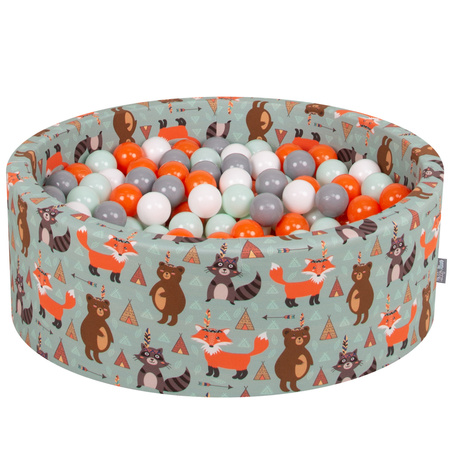 KiddyMoon Soft Ball Pit Round ∅ 7Cm / 2.75In For Kids, Foam Ball Pool Baby Playballs Children, Made In The EU, fox-green:orange/mint/grey/white, 90x30cm/200 balls