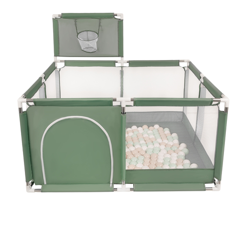 square play pen filled with plastic balls basketball, green:pastel beige/white/mint, 200 balls