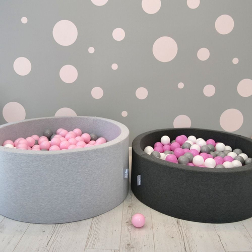 KiddyMoon Baby Foam Ball Pit with Balls ∅ 7cm / 2.75in Square Made in EU, light grey:light pink/pearl/transparent, 90x30cm/200 balls