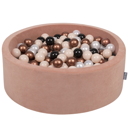 KiddyMoon Soft Ball Pit Round ∅ 7cm / 2.75In for Kids, Foam Velvet Ball Pool Baby Playballs, Made In The EU, desert pink:pastel beige/copper/black/pearl, 90x30cm/300 balls