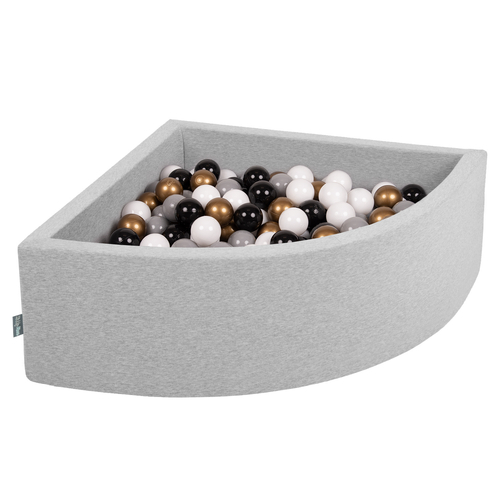 KiddyMoon Soft Ball Pit Quarter Angular ∅ 7cm / 2.75In for Kids, Foam Ball Pool Baby Playballs, Made In The EU, light grey:white/grey/black/gold, 90 x 30 cm / 200 Balls