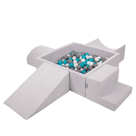 KiddyMoon Foam Playground for Kids with Square Ballpit ( ∅ 7cm/2.75In) Soft Obstacles Course and Ball Pool, Certified Made In The EU, lightgrey:grey/white/turquoise, Ballpit (200 Balls) + Version 5