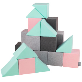 KiddyMoon Soft Foam Cubes Building Blocks 14cm for Children Multifunctional Foam Construction Montessori Toy for Babies, Certified Made in The EU, mix: light grey-dark grey-pink-mint, 24 Pieces