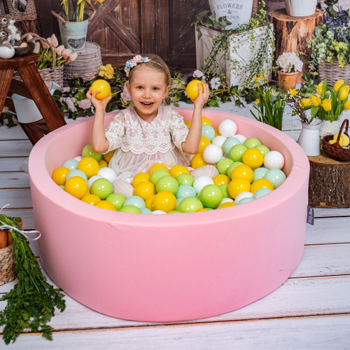 KiddyMoon Baby Foam Ball Pit with Balls ∅ 7cm / 2.75in Made in EU, pink:white/mint/light green/yellow, 90 x 30 cm / 300 Balls