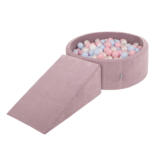 KiddyMoon Foam Playground For Kids Soft Textured Safe Blocks, purple: pastel blue/perle/powder pink/white, Ballpit (100 Balls) + Wedge