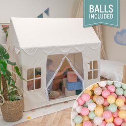 KiddyMoon Playhouse For Kids Foldable Tent Child's Play Cotton Fabric Easy To Assemble Indoor And Outdoor Use With Windows And Doors Encourages Creative Play Compact Storage, natural: pastel beige/pastel yellow/white/mint/powder pink, 200 Balls