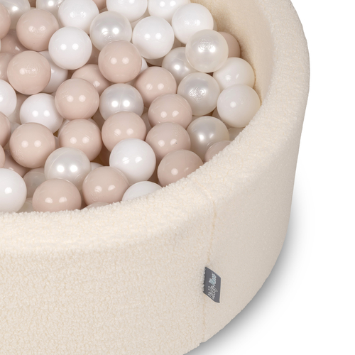 KiddyMoon Ball Pit for Baby with Teddy Plush, Large 7 cm Balls for a Fuller Ball Pit, From 8 Months, Removable Cover, Cream: Pastel Beige/White/Pearl, 90 x 30 cm / 300 Balls