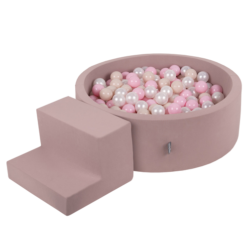 KiddyMoon Foam Playground for Kids with Round Ball pit (200 Balls ∅ 7cm/2.75In) Soft Obstacles Course and Ball Pool, Certified Made In The EU, heather: pastel beige/powder pink/pearl, Ballpit (200 Balls) + Steps