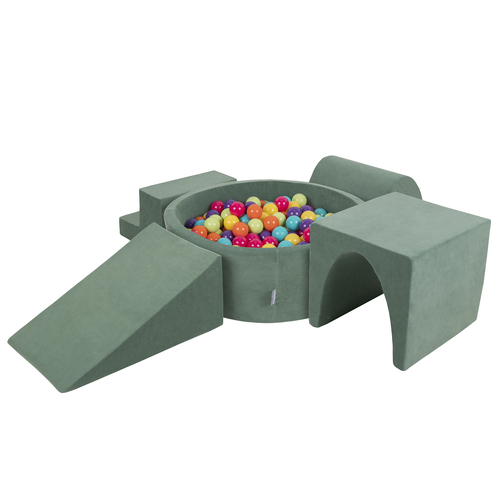 KiddyMoon Foam Playground Velvet for Kids with Round Ball pit ( ∅ 7cm/2.75In) Soft Obstacles Course and Ball Pool, Certified Made In The EU, forest green:light green/yellow/turquoise/orange/dark pink/purple, Ballpit (300 Balls) + Version 3