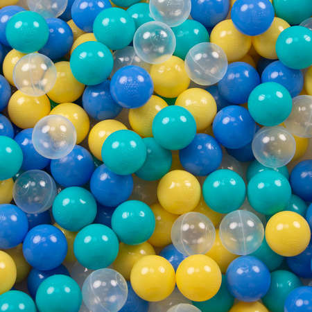 square play pen filled with plastic balls basketball, green:turquoise/blue/yellow/transparent, 100 balls