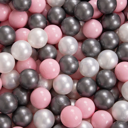 KiddyMoon Soft Ball Pit Round  ∅ 7Cm / 2.75In For Kids, Foam Ball Pool Baby Playballs Children, Made In The EU, dark grey:pearl-powder pink-silver, 120x30cm/200 balls