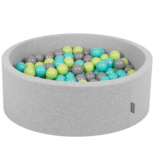 KiddyMoon Baby Foam Ball Pit with Balls ∅ 7cm / 2.75in Made in EU, light grey:light green/light turquoise/grey, 90 x 30 cm / 200 Balls