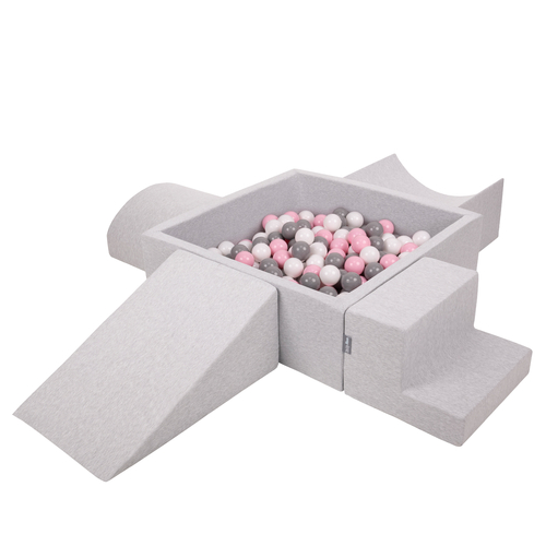 KiddyMoon Foam Playground for Kids with Square Ball pit ( ∅ 7cm/2.75In) Soft Obstacles Course and Ball Pool, Certified Made In The EU, lightgrey:white/grey/powderpink, Ballpit (200 Balls) + Version 5