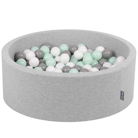 KiddyMoon Baby Foam Ball Pit with Balls ∅ 7cm / 2.75in Made in EU, light grey:white/grey/mint, 90x30cm/200 balls