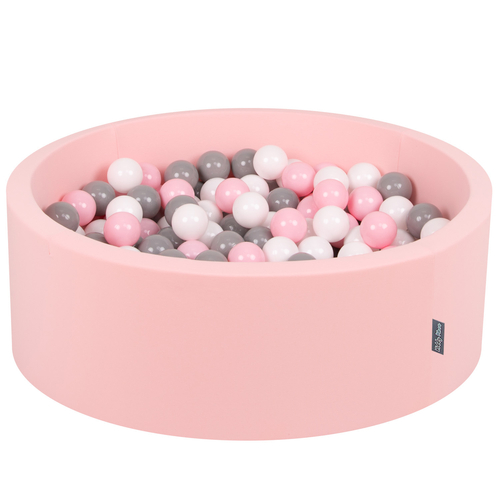 KiddyMoon Baby Foam Ball Pit with Balls ∅ 7cm / 2.75in Made in EU, pink:white/grey/light pink, 90 x 30 cm / 300 Balls