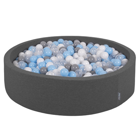 KiddyMoon Soft Ball Pit Round  ∅ 7Cm / 2.75In For Kids, Foam Ball Pool Baby Playballs Children, Made In The EU, dark grey:grey/white/transparent/babyblue, 120x30cm/200 balls