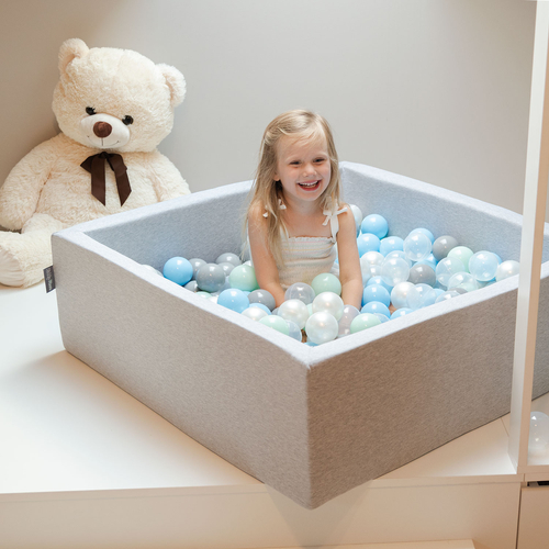 KiddyMoon Baby Foam Ball Pit with Balls ∅ 7cm / 2.75in Made in EU, light grey:pearl/grey/transparent/baby blue/mint, 90x30cm/200 balls