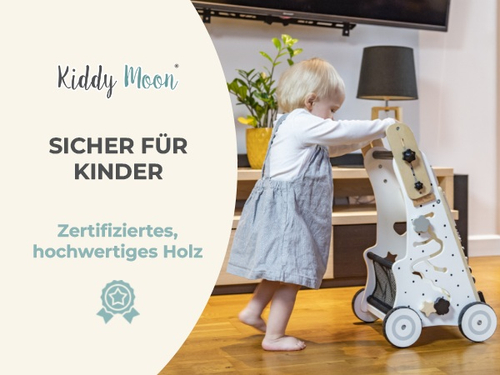KiddyMoon Wooden Baby Walker Interactive Educational Toy for Children Multifunctional Push-Along Toy for Babies Montessori Walker for Kids Model WK-002, Black - White, Adjustable Handle